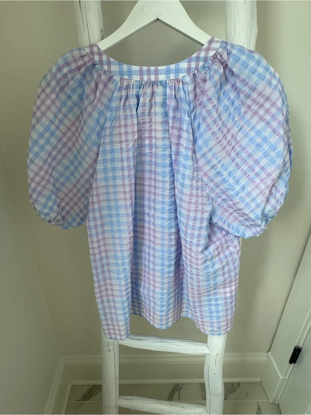 LOFT Lavender & Light Blue Gingham Puff-Sleeve Peasant Blouse Size Large